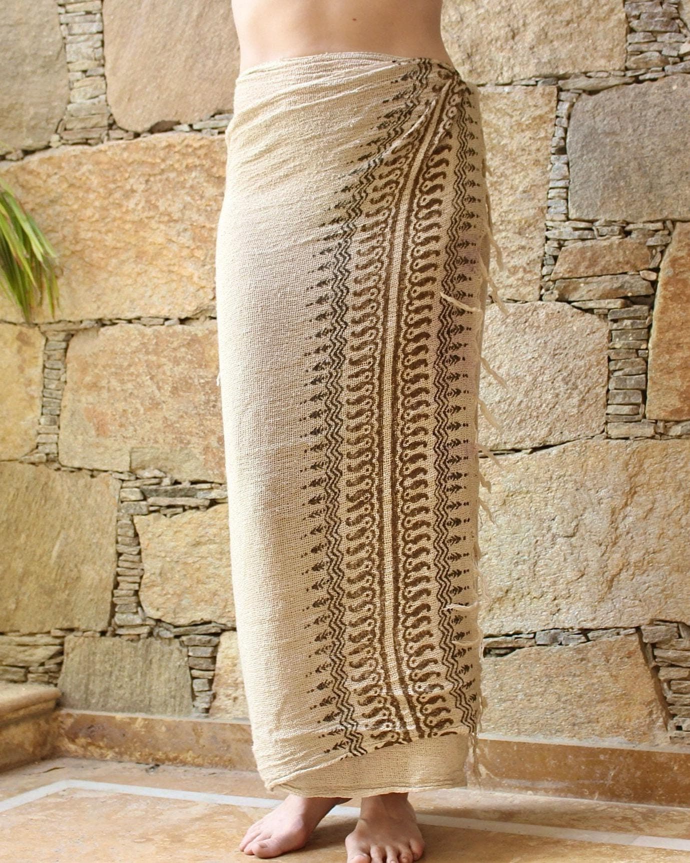 Natural Cotton Block Print Shawl • Nitya Net Shawl Wrap Women • Festival Blanket Scarf • Sarong Beach Wrap Skirt • Calluna - Thumbnail 9