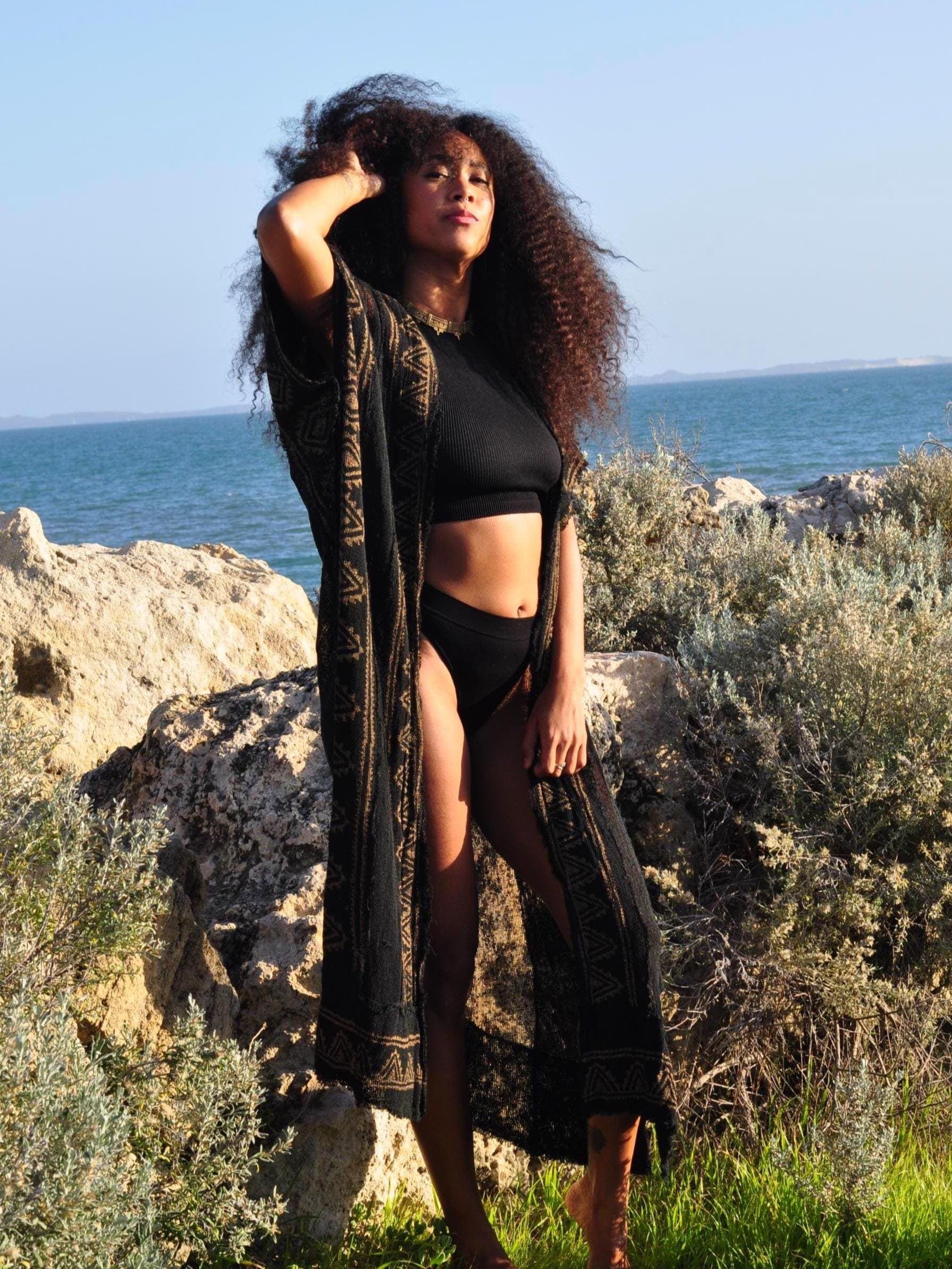 Raw Cotton Block Print Kimono · Earthy Tribal Robe · Shamanic Kali Kimono - Thumbnail 4