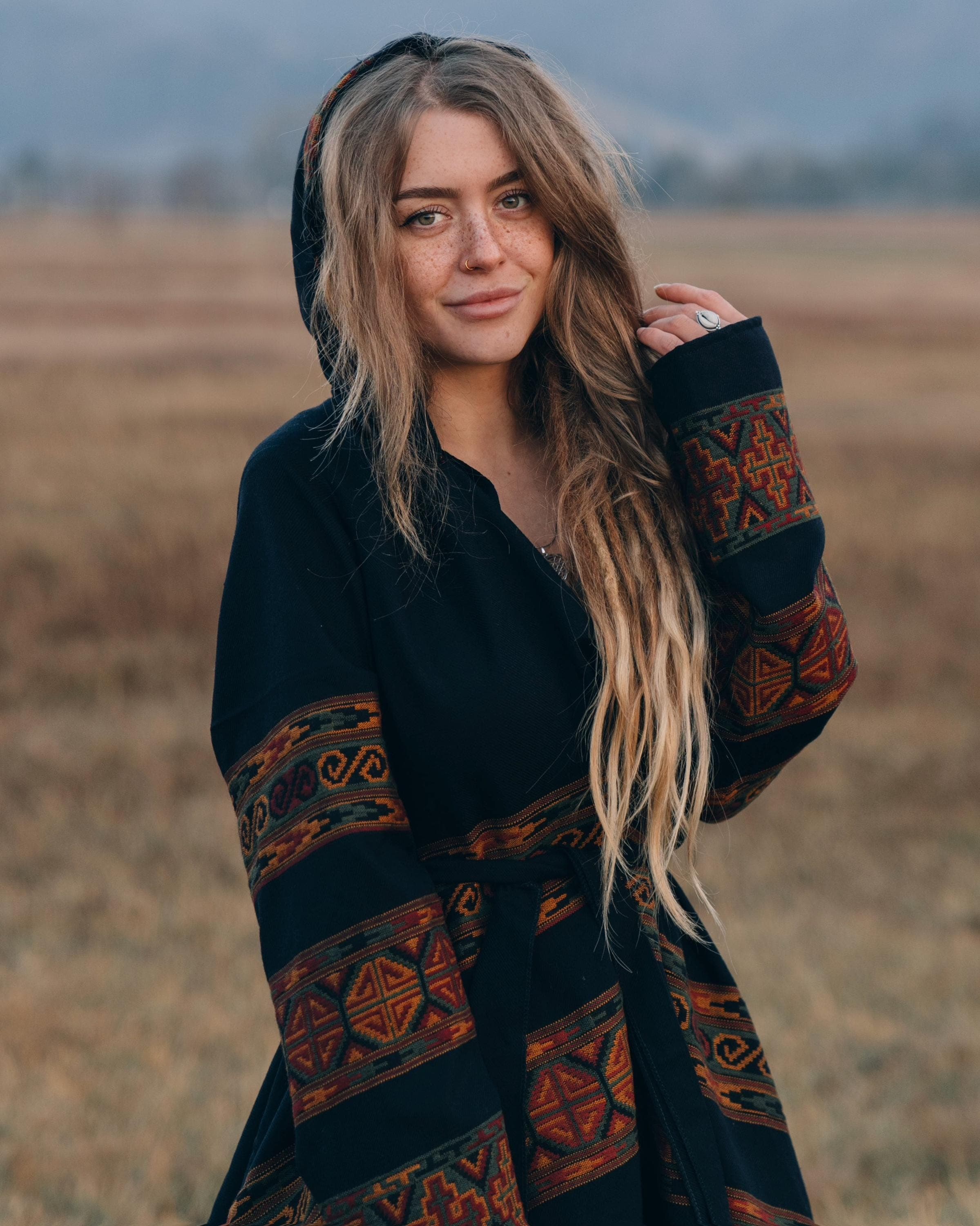 Hooded Geometric Cape Coat •  Boho Unisex Shamanic Cloak • Warm Blanket Shawl • Poncho Scarf for Women • Long Festival Earthy Juniper Jacket - Thumbnail 6
