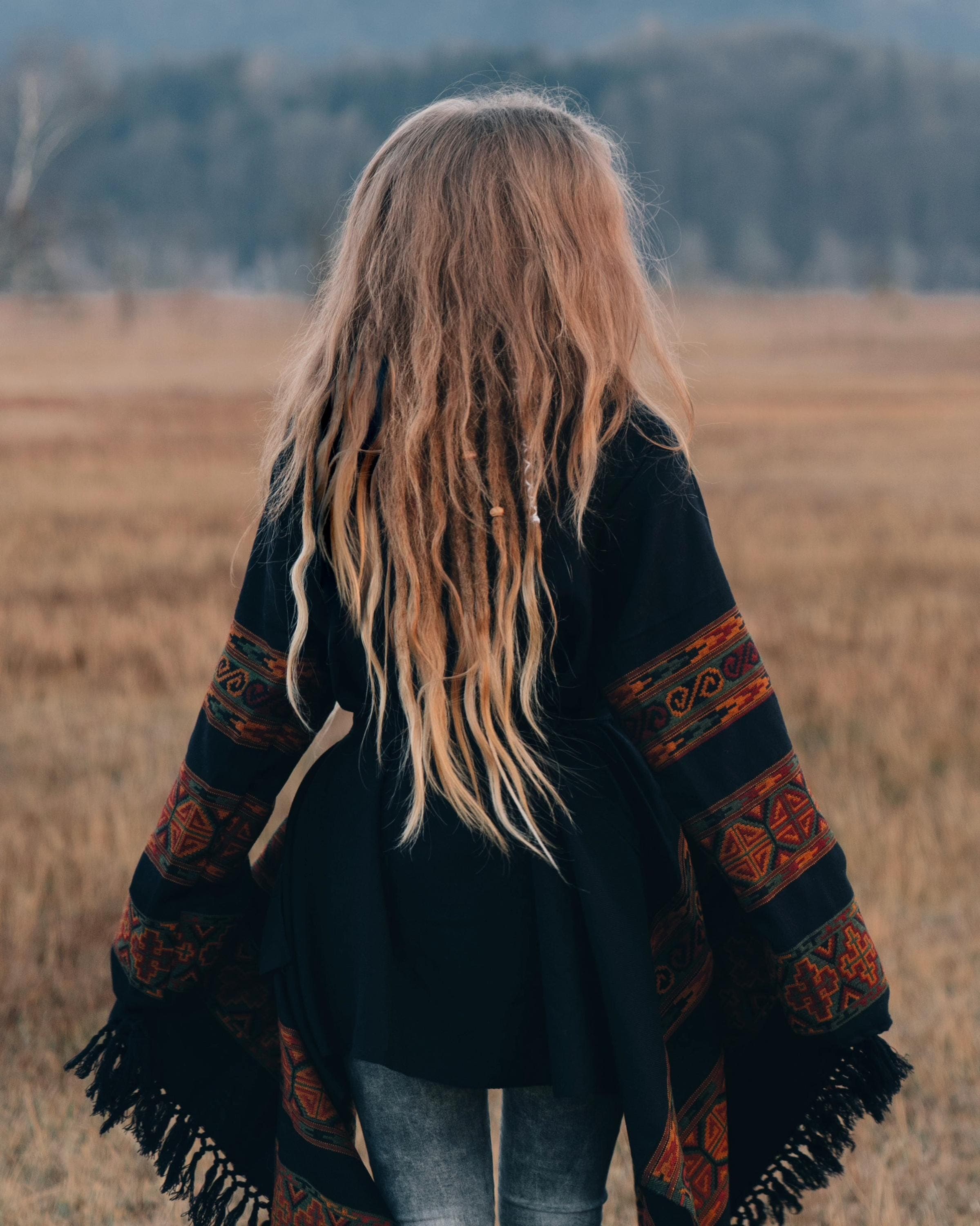 Hooded Geometric Cape Coat •  Boho Unisex Shamanic Cloak • Warm Blanket Shawl • Poncho Scarf for Women • Long Festival Earthy Juniper Jacket - Image 3