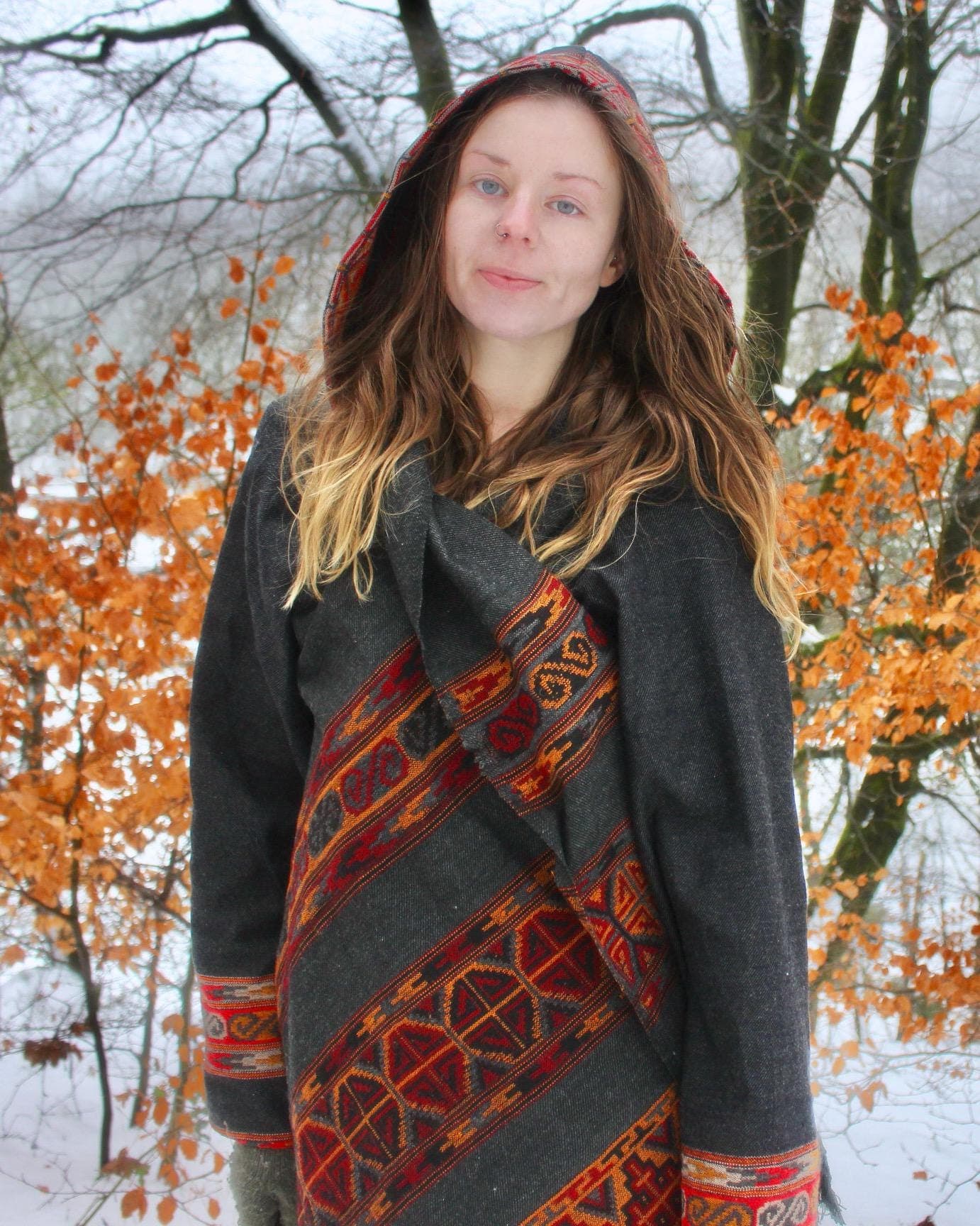 Hooded Geometric Cape Coat •  Boho Unisex Shamanic Cloak • Warm Blanket Shawl • Poncho Scarf for Women • Long Festival Earthy Juniper Jacket - Thumbnail 11
