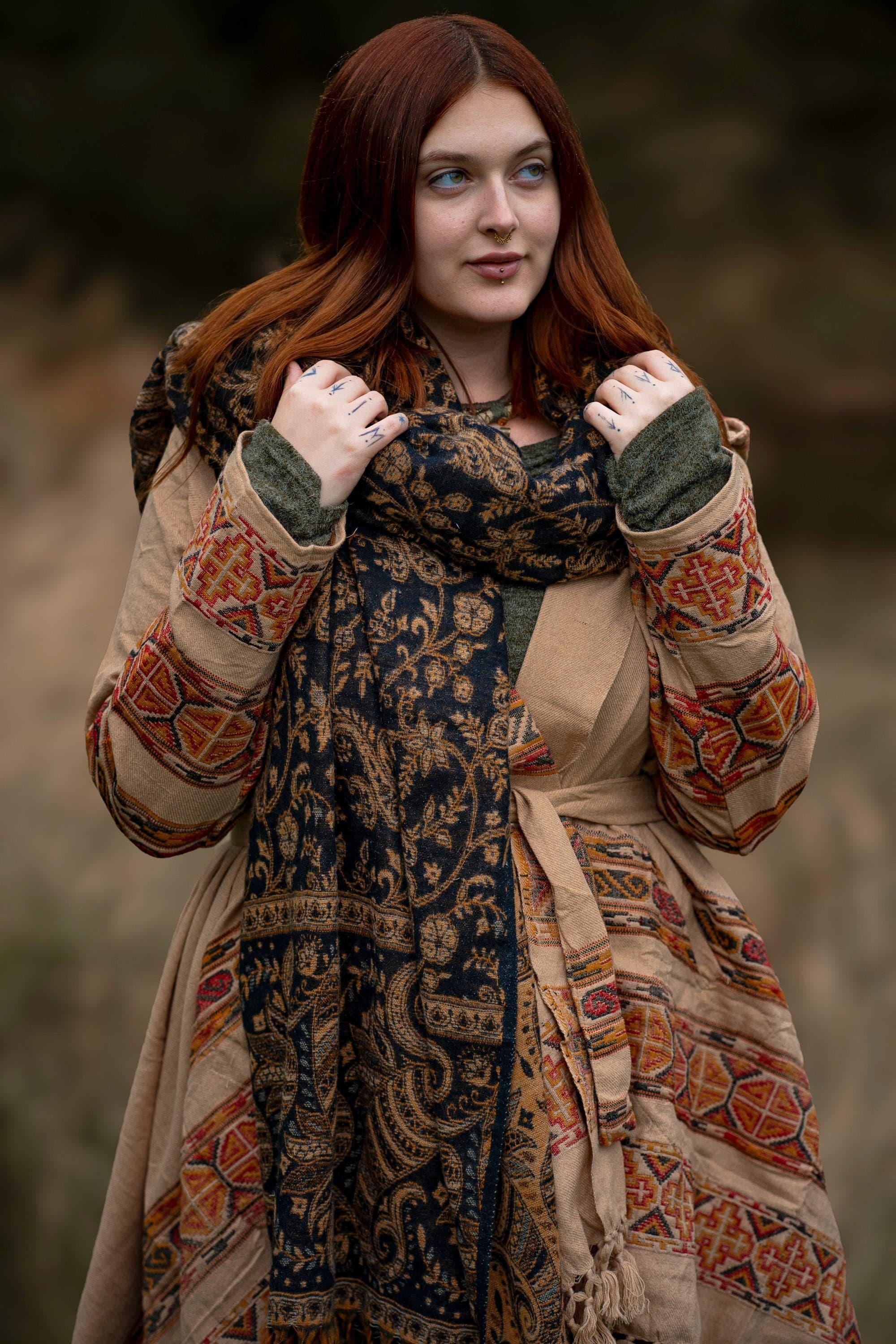 Hooded Geometric Cape Coat •  Boho Unisex Shamanic Cloak • Warm Blanket Shawl • Poncho Scarf for Women • Long Festival Earthy Juniper Jacket - Image 3