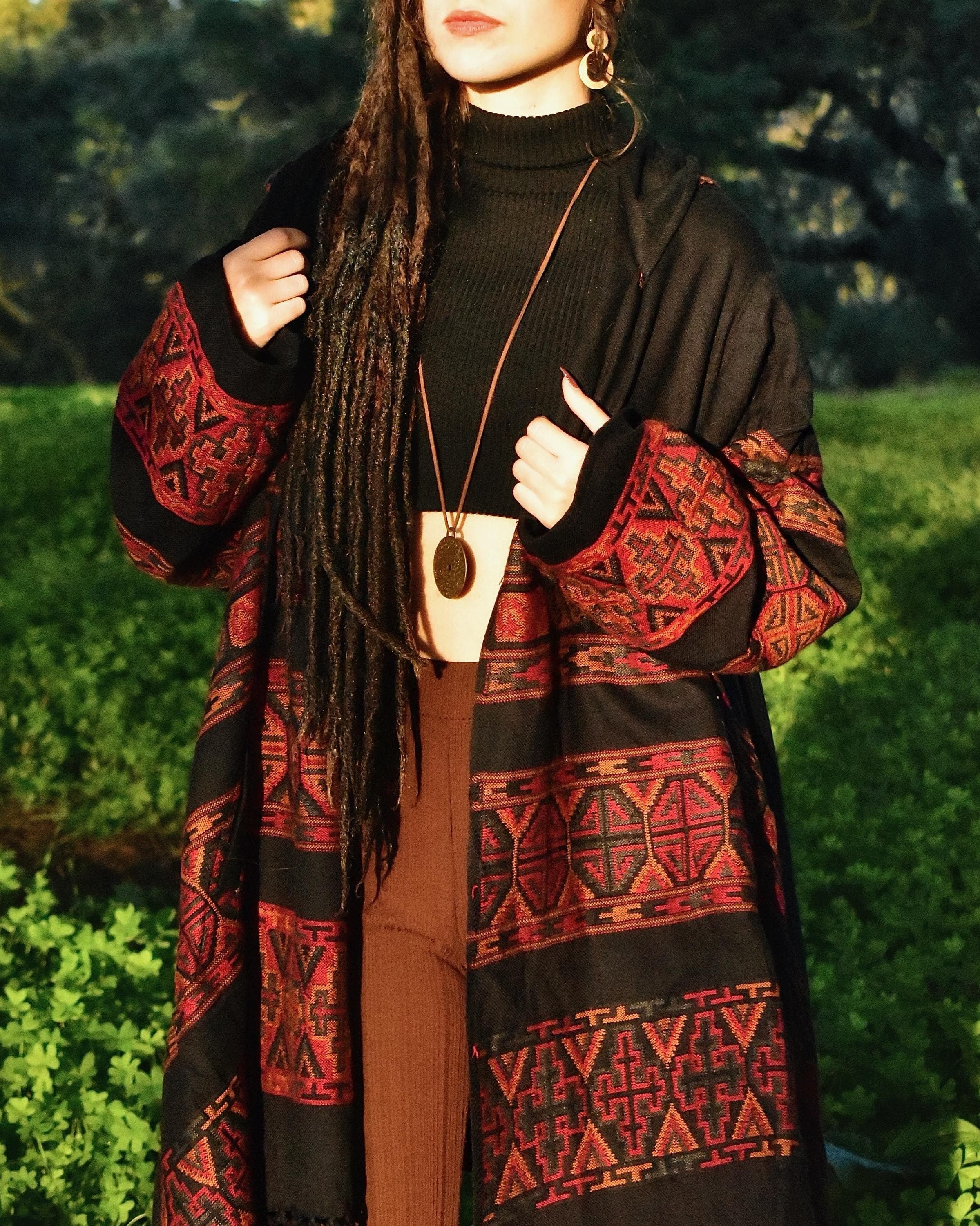 Hooded Geometric Cape Coat •  Boho Unisex Shamanic Cloak • Warm Blanket Shawl • Poncho Scarf for Women • Long Festival Earthy Juniper Jacket - Thumbnail 10