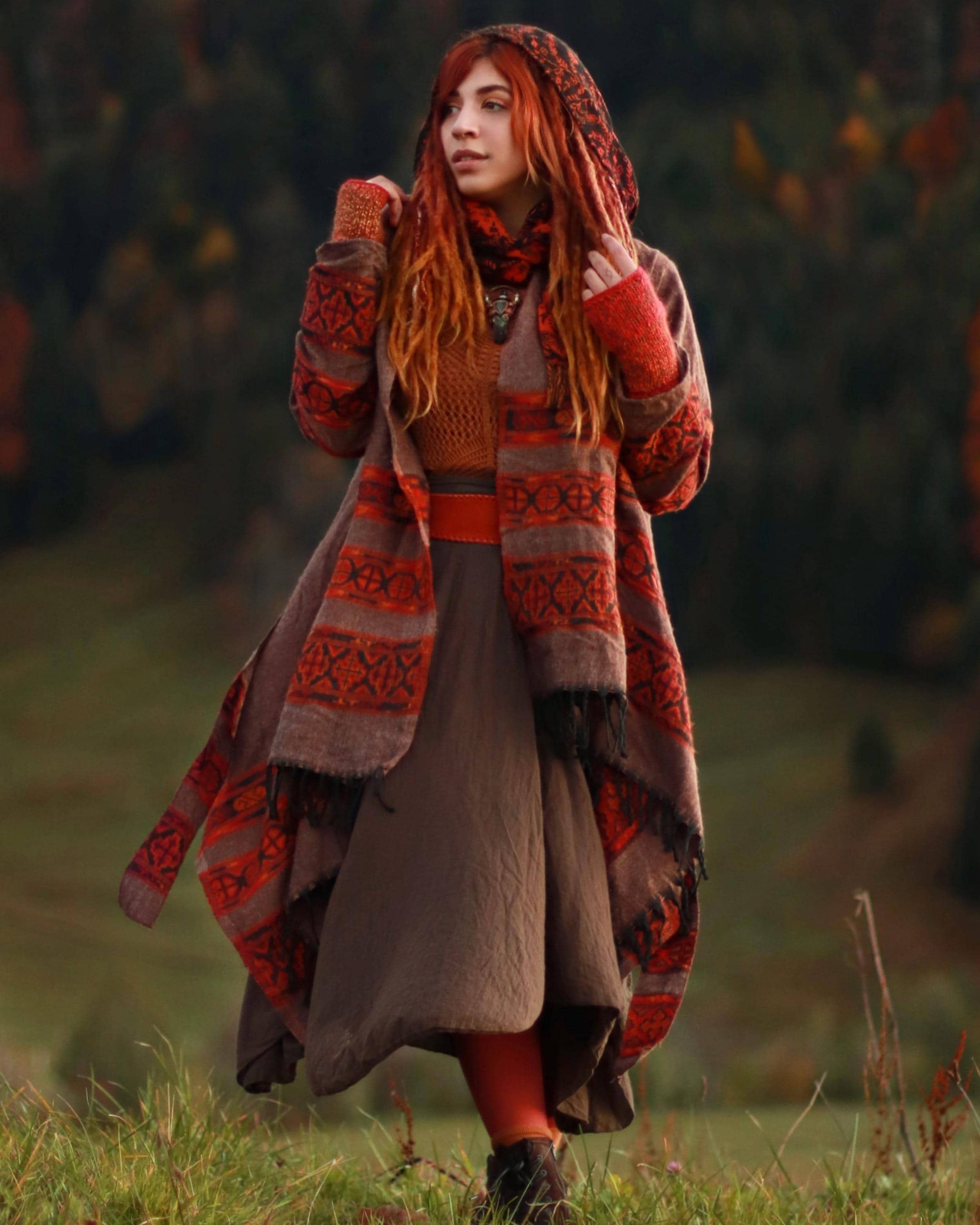 Hooded Geometric Cape Coat •  Boho Unisex Shamanic Cloak • Warm Blanket Shawl • Poncho Scarf for Women • Long Festival Earthy Juniper Jacket - Thumbnail 5