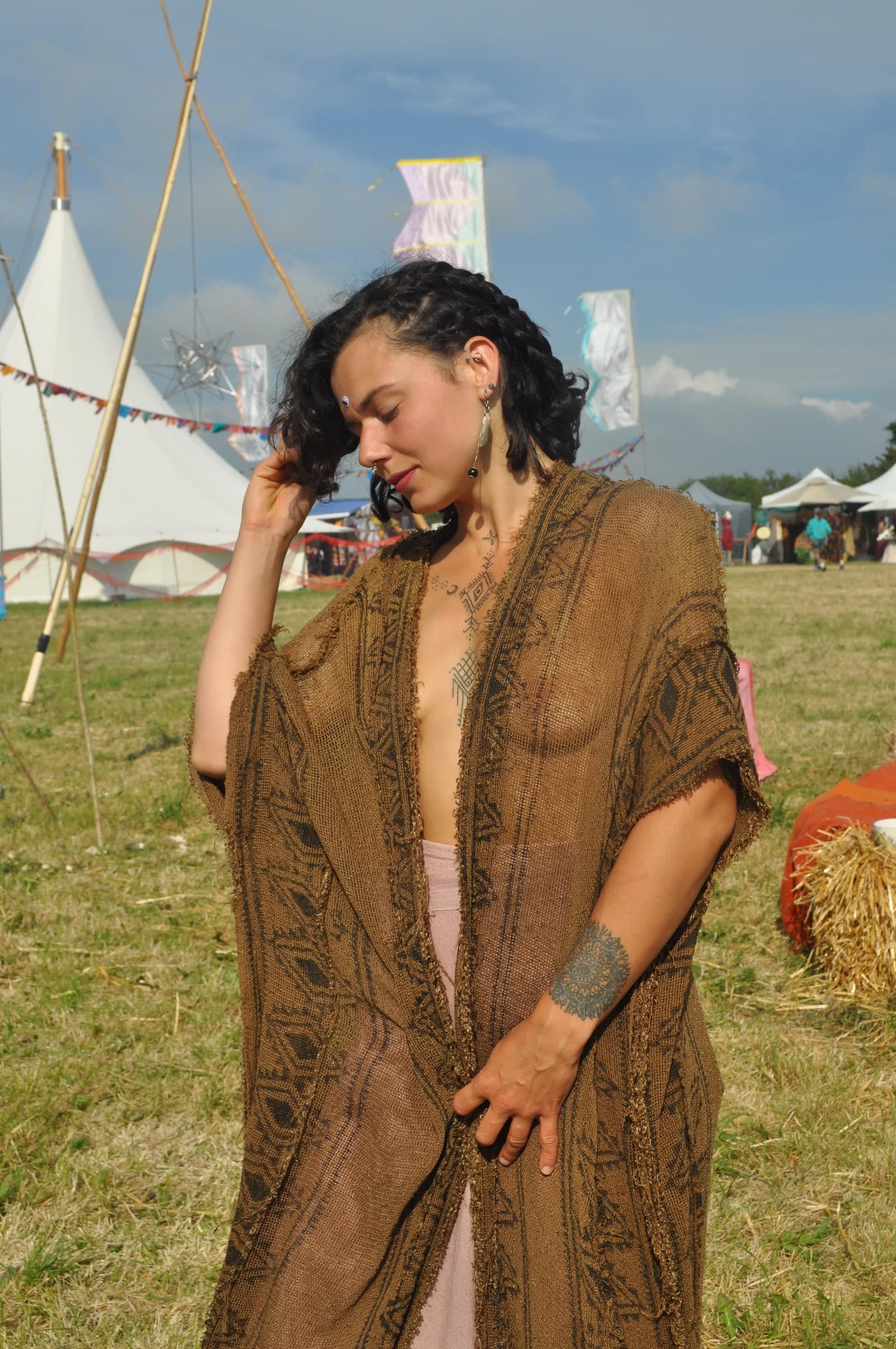 Raw Cotton Block Print Kimono · Earthy Tribal Robe · Shamanic Kali Kimono - Thumbnail 10