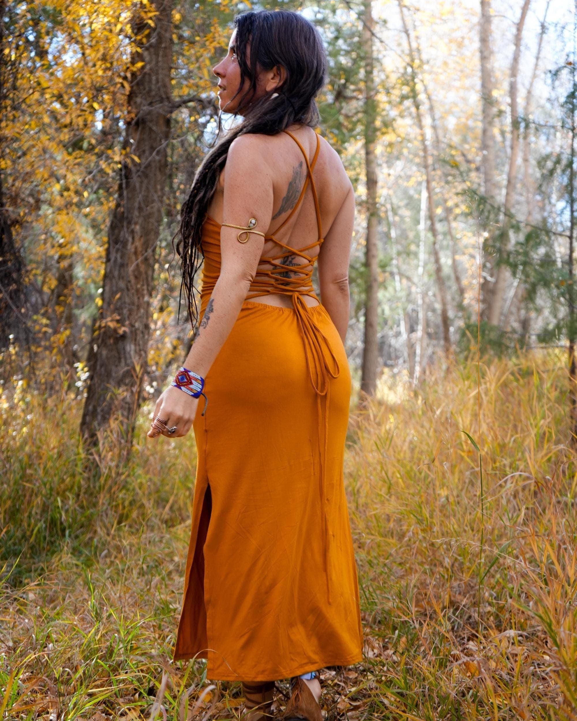 Lace Up Corset Back Maxi Dress • Side Split Long Dress • Boho Maxi Marina Dress Women • Goddess Dance Wear • Backless Dress • Calluna - Thumbnail 4