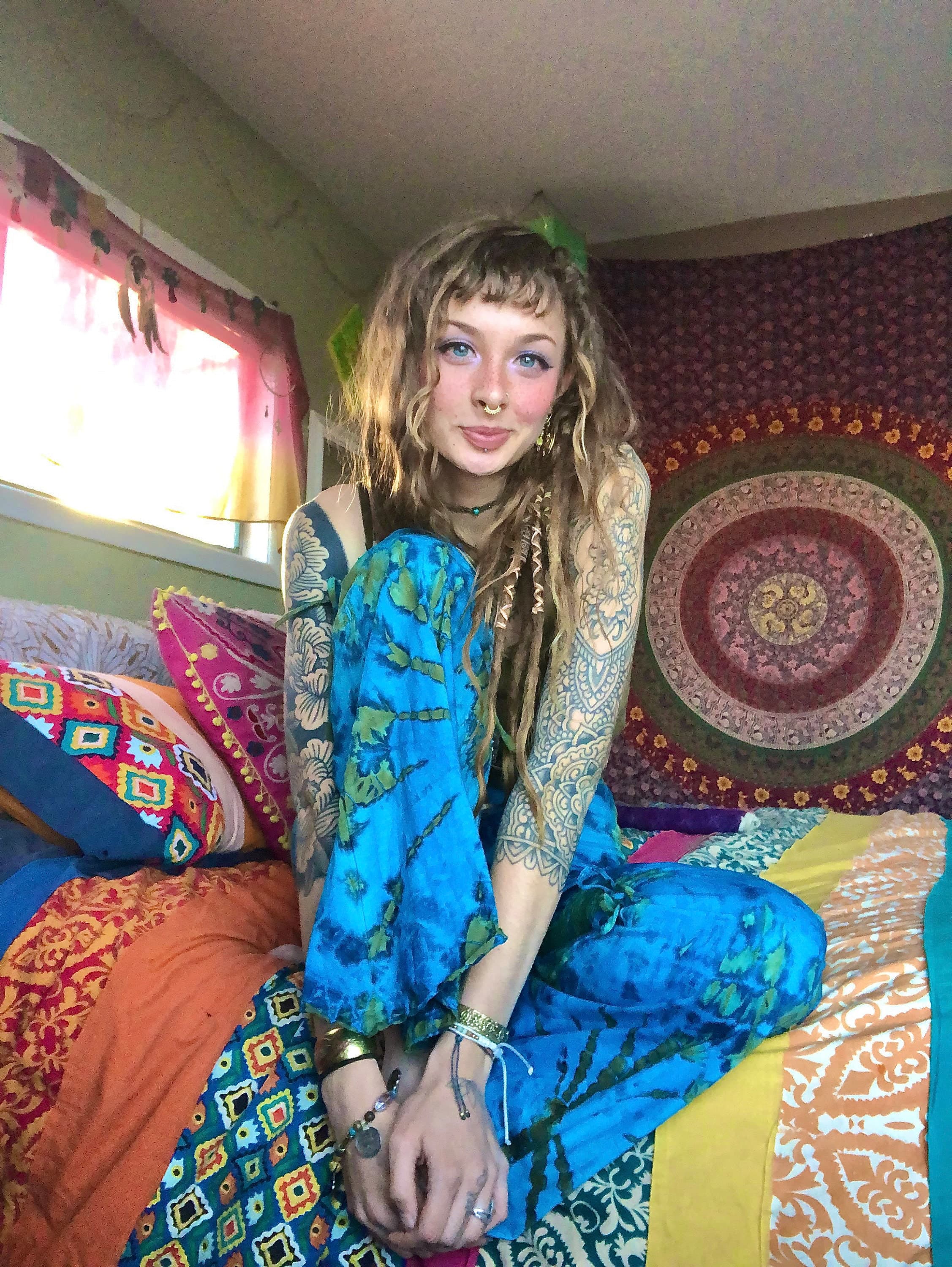 Tie Dye Bell Bottoms • Cotton Wide Flare Trousers • Flared Hot Yoga Leggings • Shanti Bells Flared Pants • Cinched Dance Wear • Calluna - Image 1