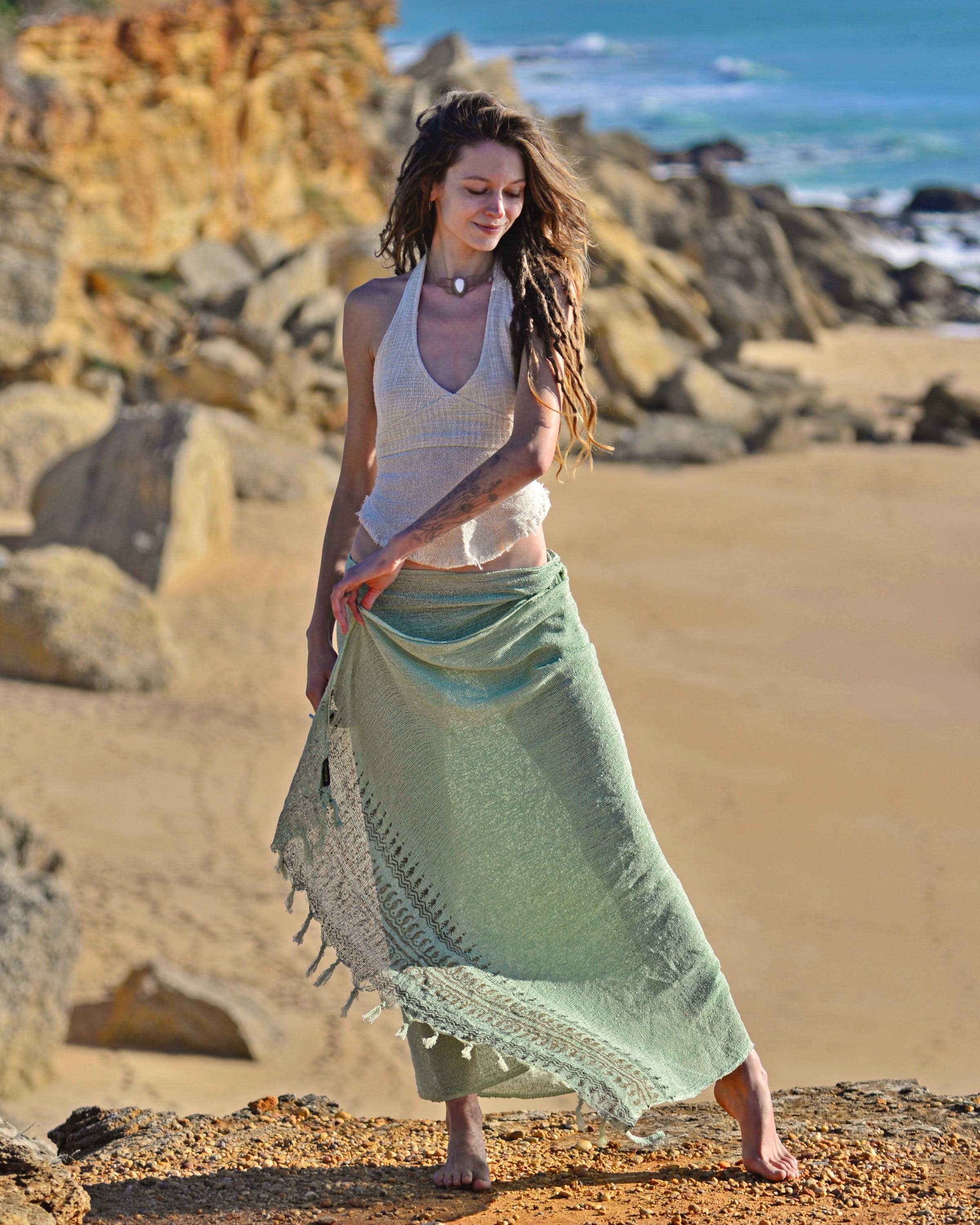 Natural Cotton Block Print Shawl • Nitya Net Shawl Wrap Women • Festival Blanket Scarf • Sarong Beach Wrap Skirt • Calluna - Image 1