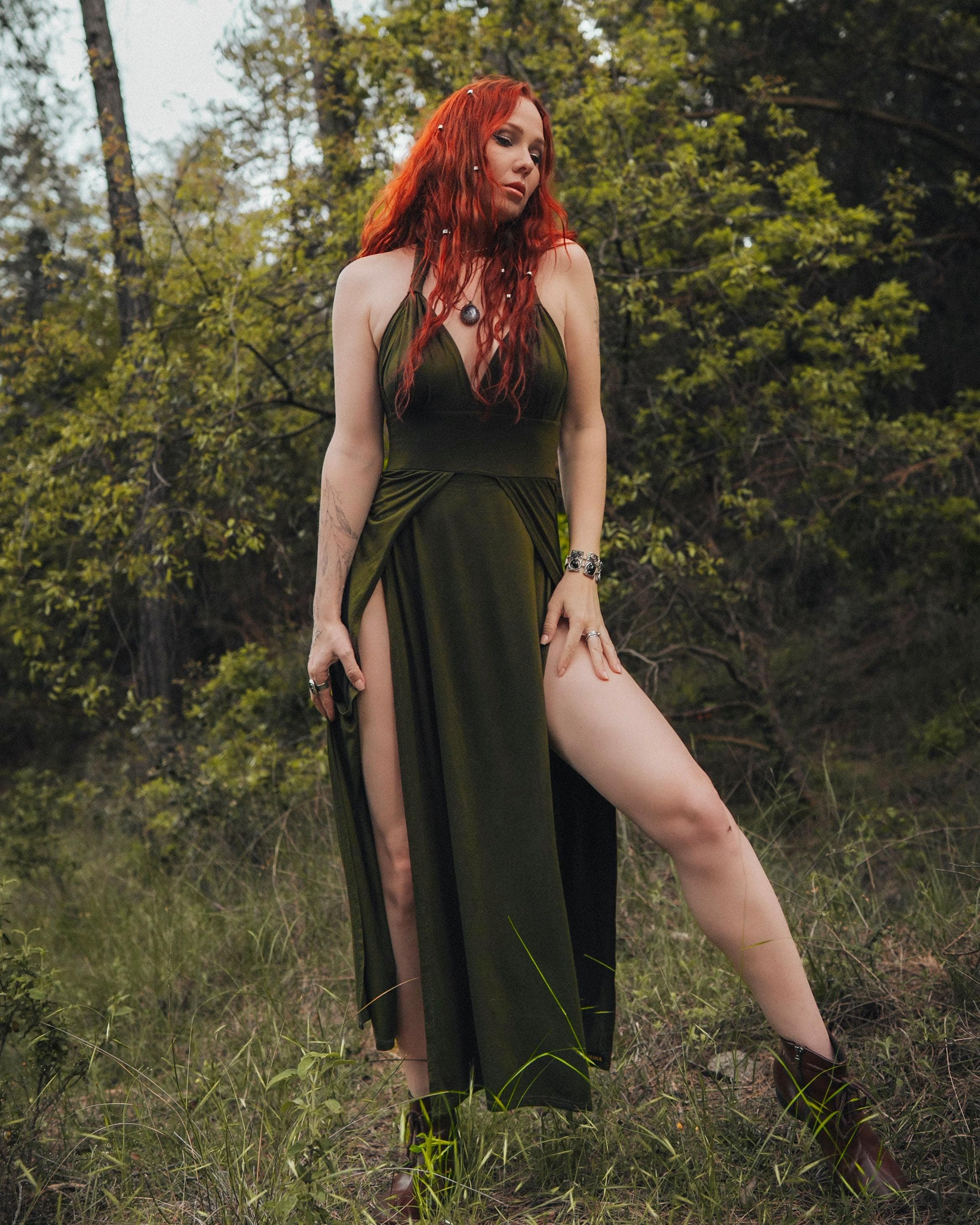 Side Split Goddess Dress • Long Open Back Dress • Athira Halter Neck Dress Women • Grecian Etehreal Dance Wear • Backless Dress • Calluna - Thumbnail 8