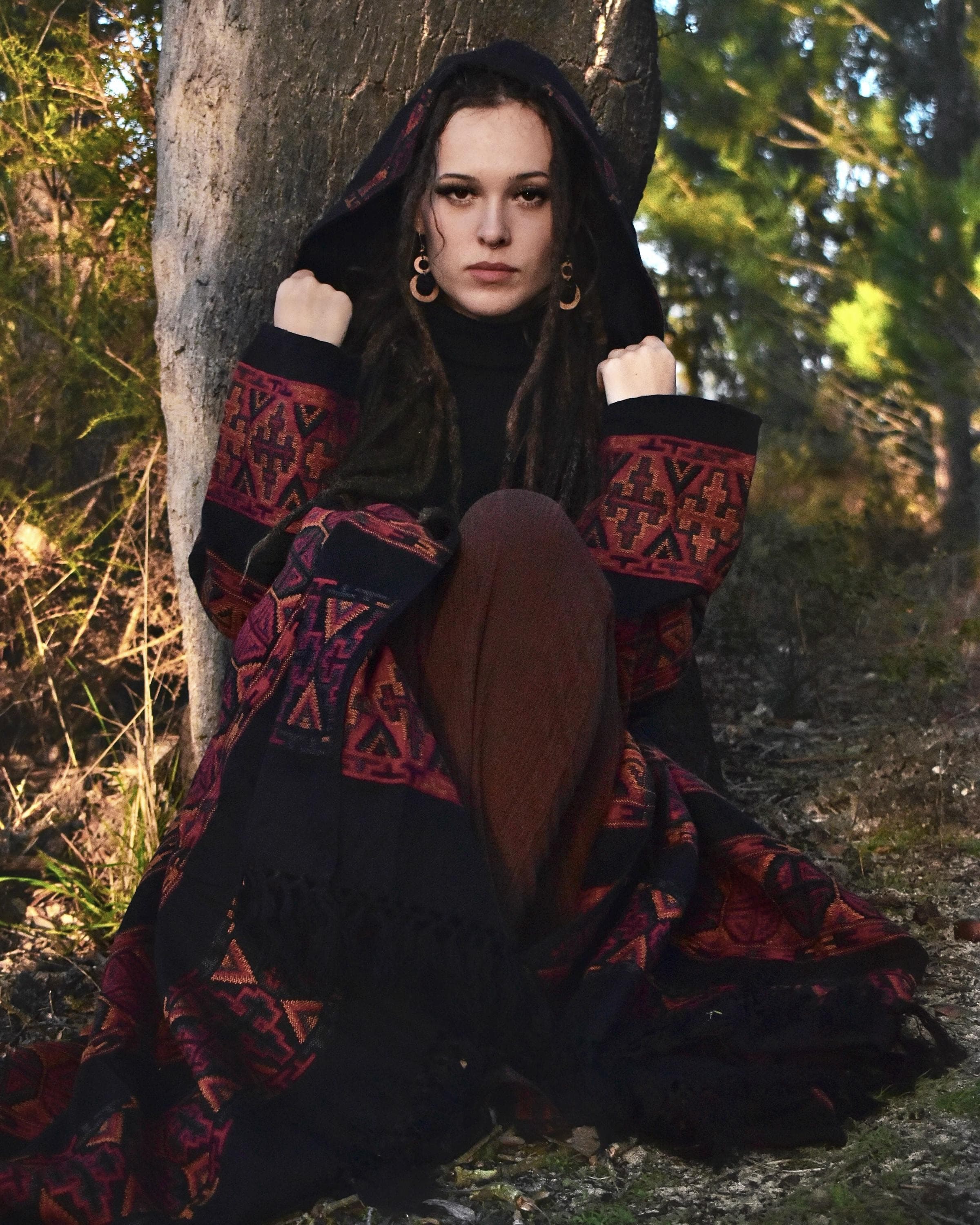 Hooded Geometric Cape Coat •  Boho Unisex Shamanic Cloak • Warm Blanket Shawl • Poncho Scarf for Women • Long Festival Earthy Juniper Jacket - Image 1