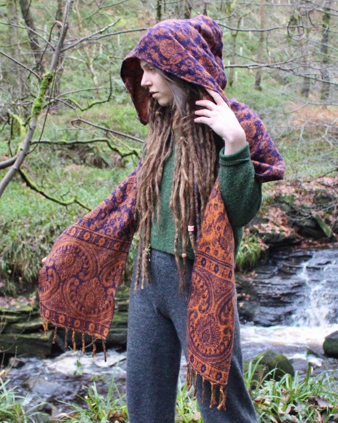 Paisley Hood Scarf • Unisex Boho Hooded Shawl Wrap • Blanket Hoodie Suraya Scarf • Vegan Wool Hood Scarf Cape • Warm Scarves Women • Calluna - Image 3