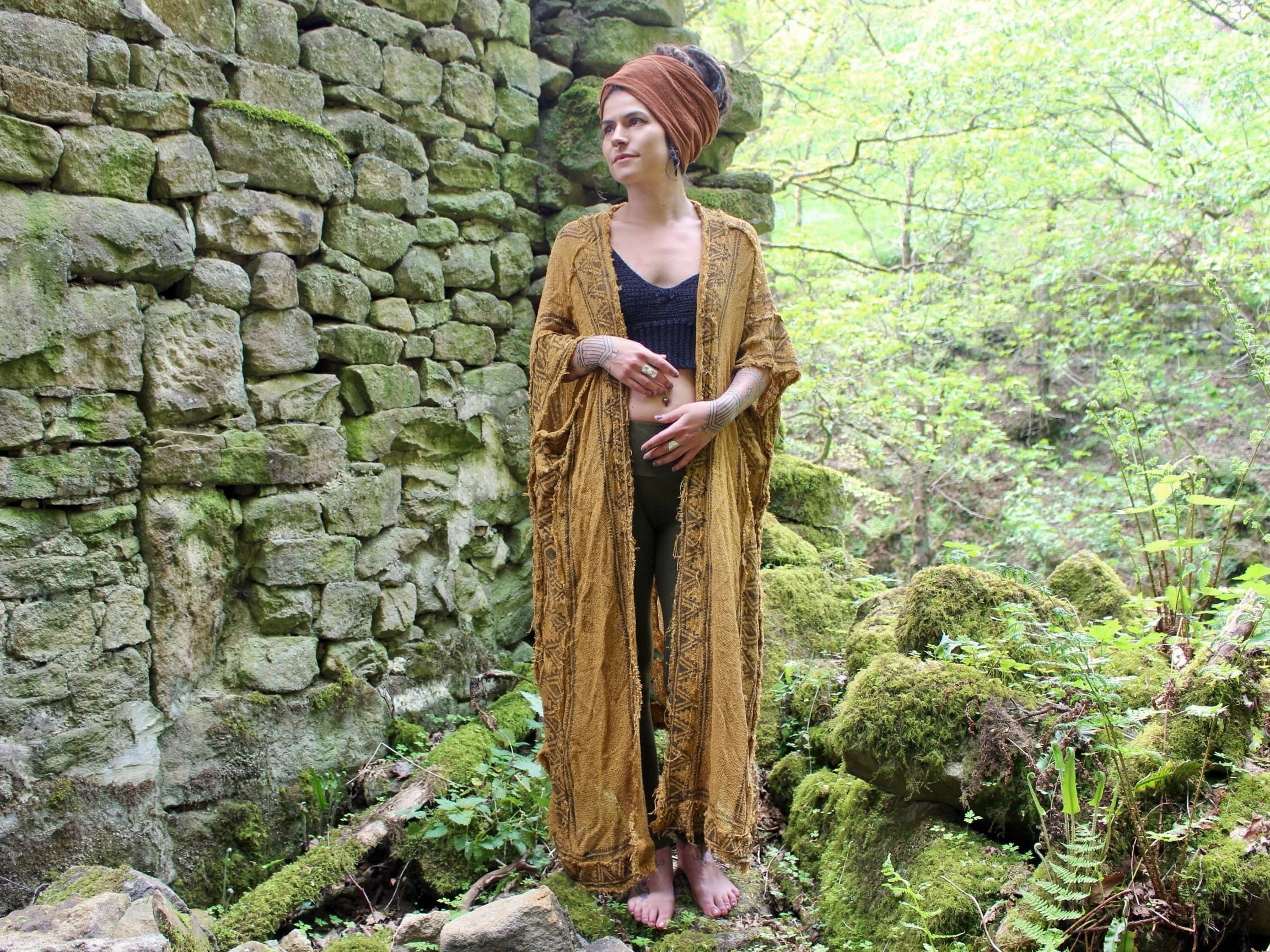 Raw Cotton Block Print Kimono · Earthy Tribal Robe · Shamanic Kali Kimono - Thumbnail 11