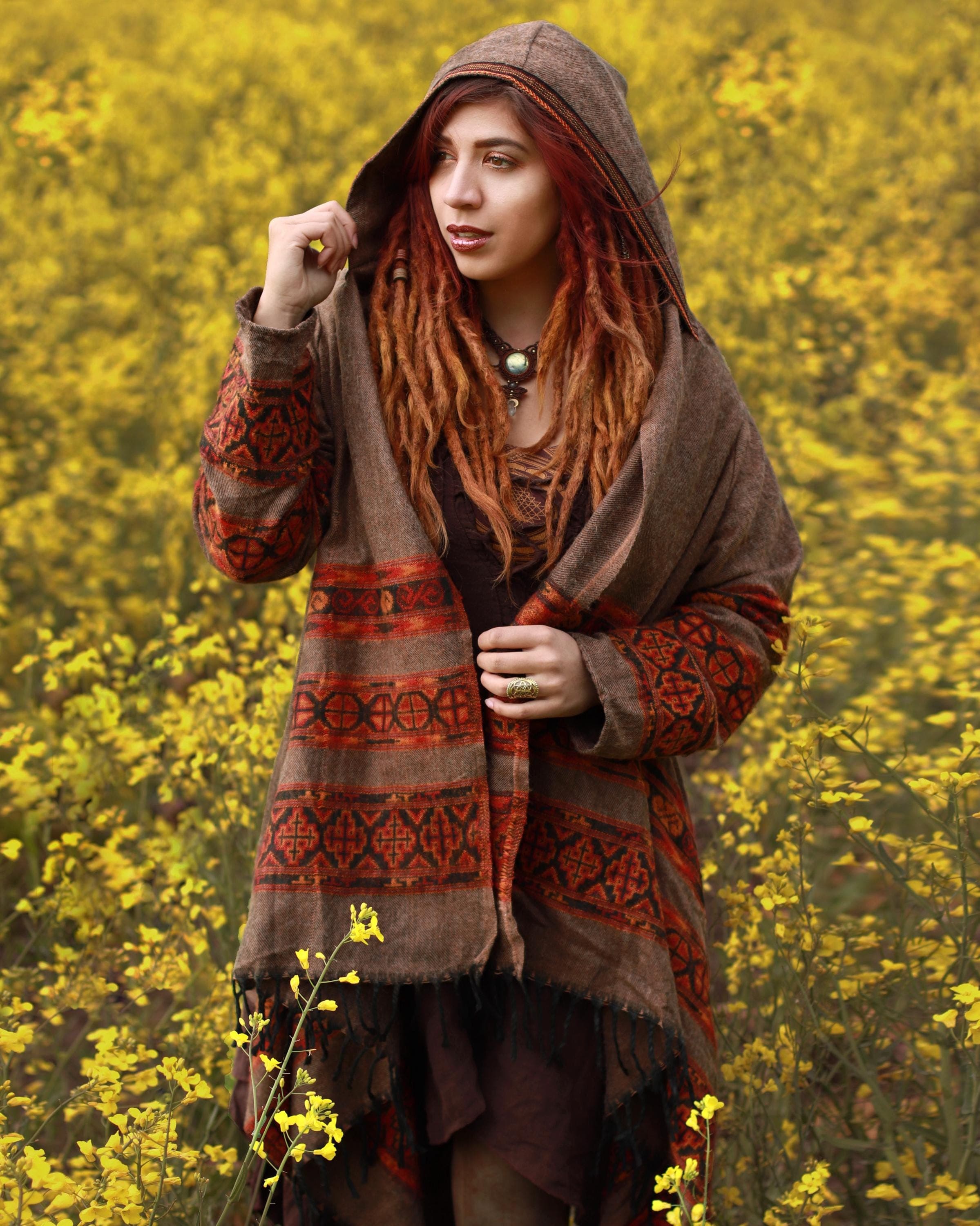 Hooded Geometric Cape Coat •  Boho Unisex Shamanic Cloak • Warm Blanket Shawl • Poncho Scarf for Women • Long Festival Earthy Juniper Jacket - Thumbnail 7