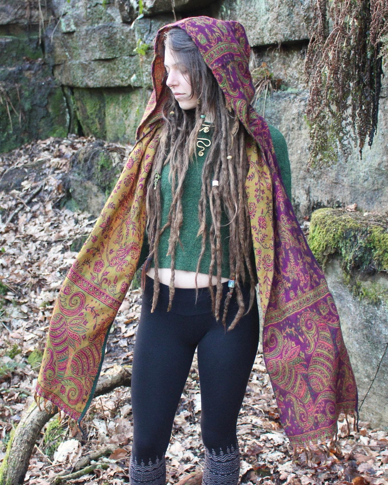 Paisley Hood Scarf • Unisex Boho Hooded Shawl Wrap • Blanket Hoodie Suraya Scarf • Vegan Wool Hood Scarf Cape • Warm Scarves Women • Calluna - Thumbnail 7