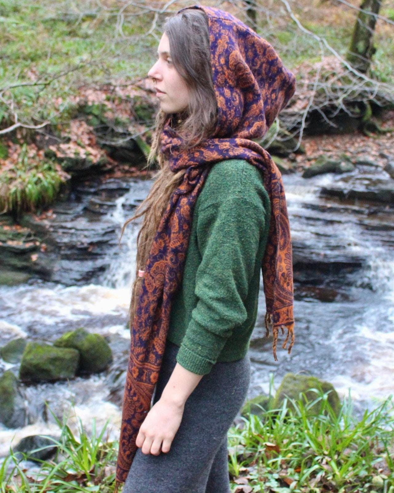 Paisley Hood Scarf • Unisex Boho Hooded Shawl Wrap • Blanket Hoodie Suraya Scarf • Vegan Wool Hood Scarf Cape • Warm Scarves Women • Calluna - Thumbnail 9