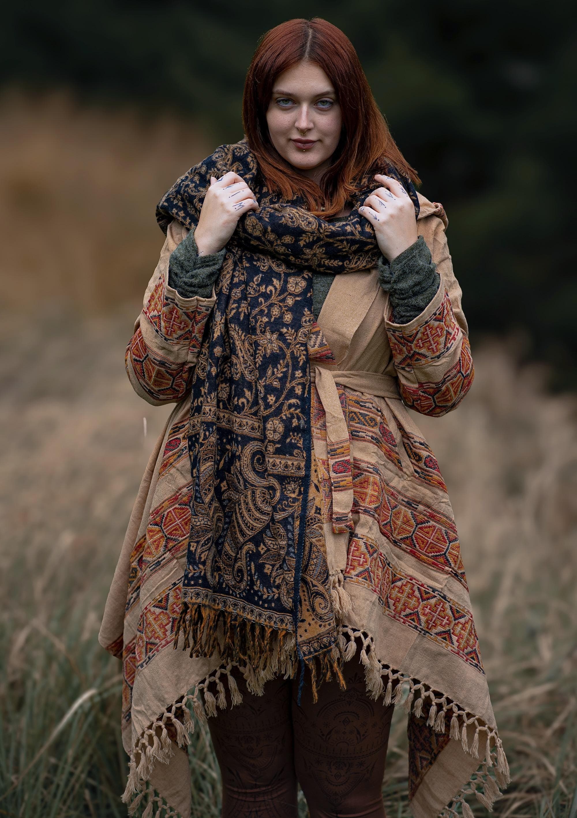 Hooded Geometric Cape Coat •  Boho Unisex Shamanic Cloak • Warm Blanket Shawl • Poncho Scarf for Women • Long Festival Earthy Juniper Jacket - Thumbnail 8