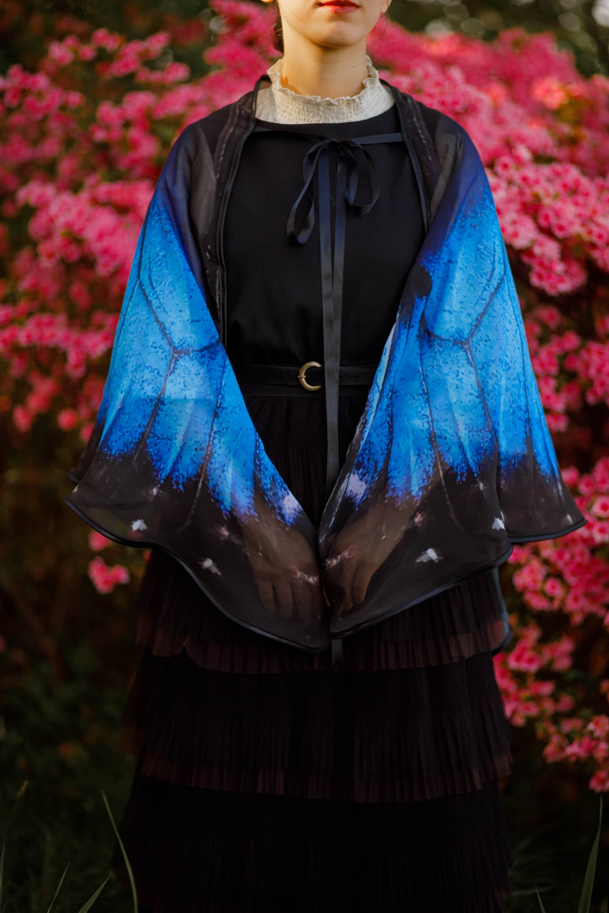Blue Morpho Butterfly Wings Cape – Chiffon Festival Scarf - Thumbnail 5