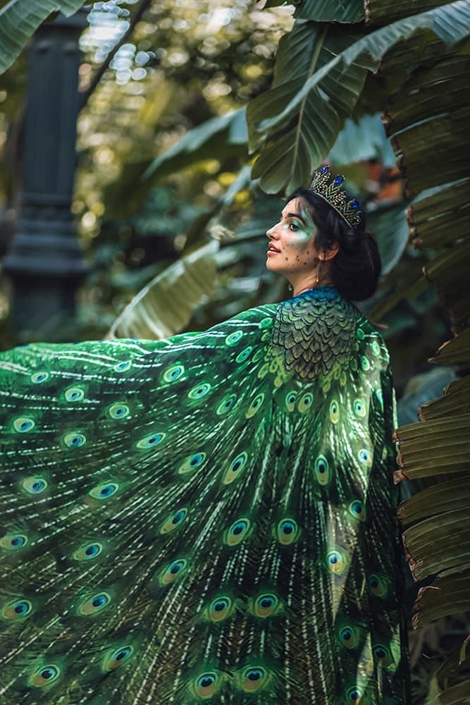 Cape peacock scarf Bohemian clothing cloak feathers print green sarong bird Festival Clothing - Thumbnail 8