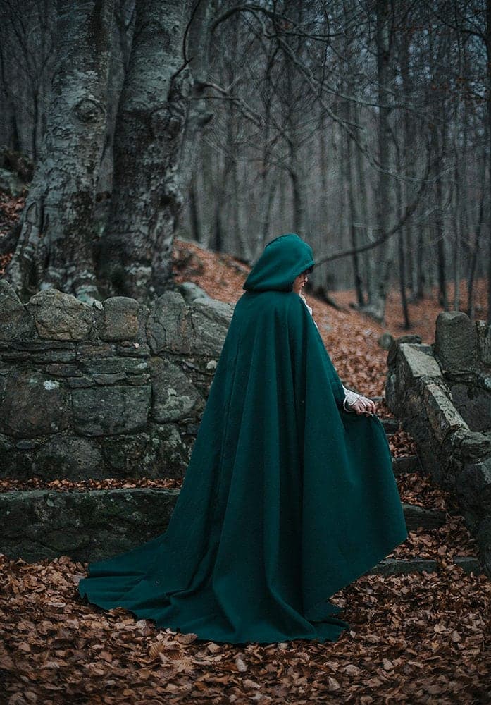 Green Vegan Wool Hooded Cloak: Elven Druid Costume, Long Train - Thumbnail 6