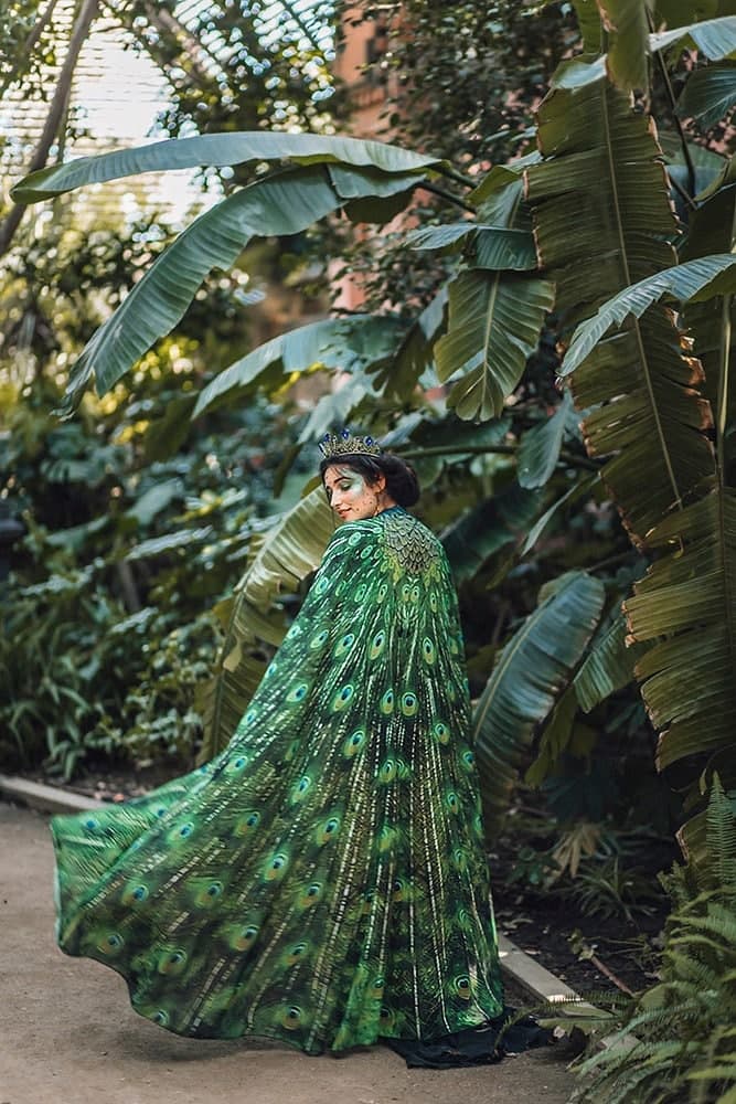 Cape peacock scarf Bohemian clothing cloak feathers print green sarong bird Festival Clothing - Image 1