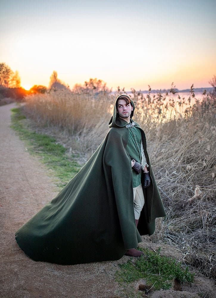 Green Vegan Wool Hooded Cloak: Elven Druid Costume, Long Train - Thumbnail 9