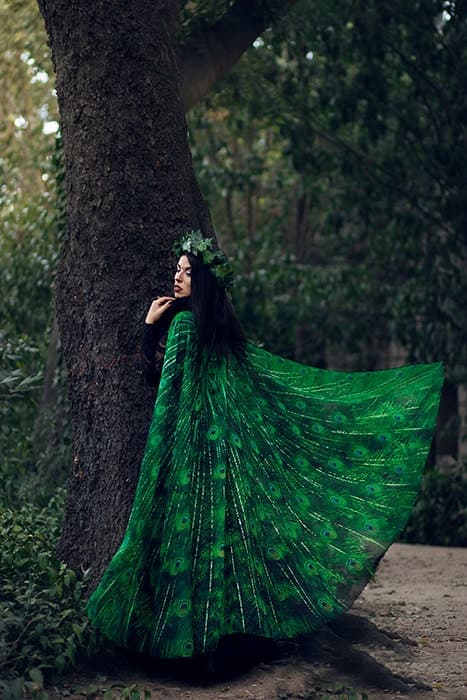 Cape peacock scarf Bohemian clothing cloak feathers print green sarong bird Festival Clothing - Image 2