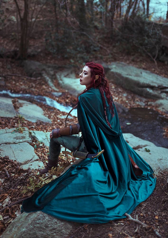 Velvet cape green hooded cloak, medieval elven fantasy costume cape with hood - Image 3