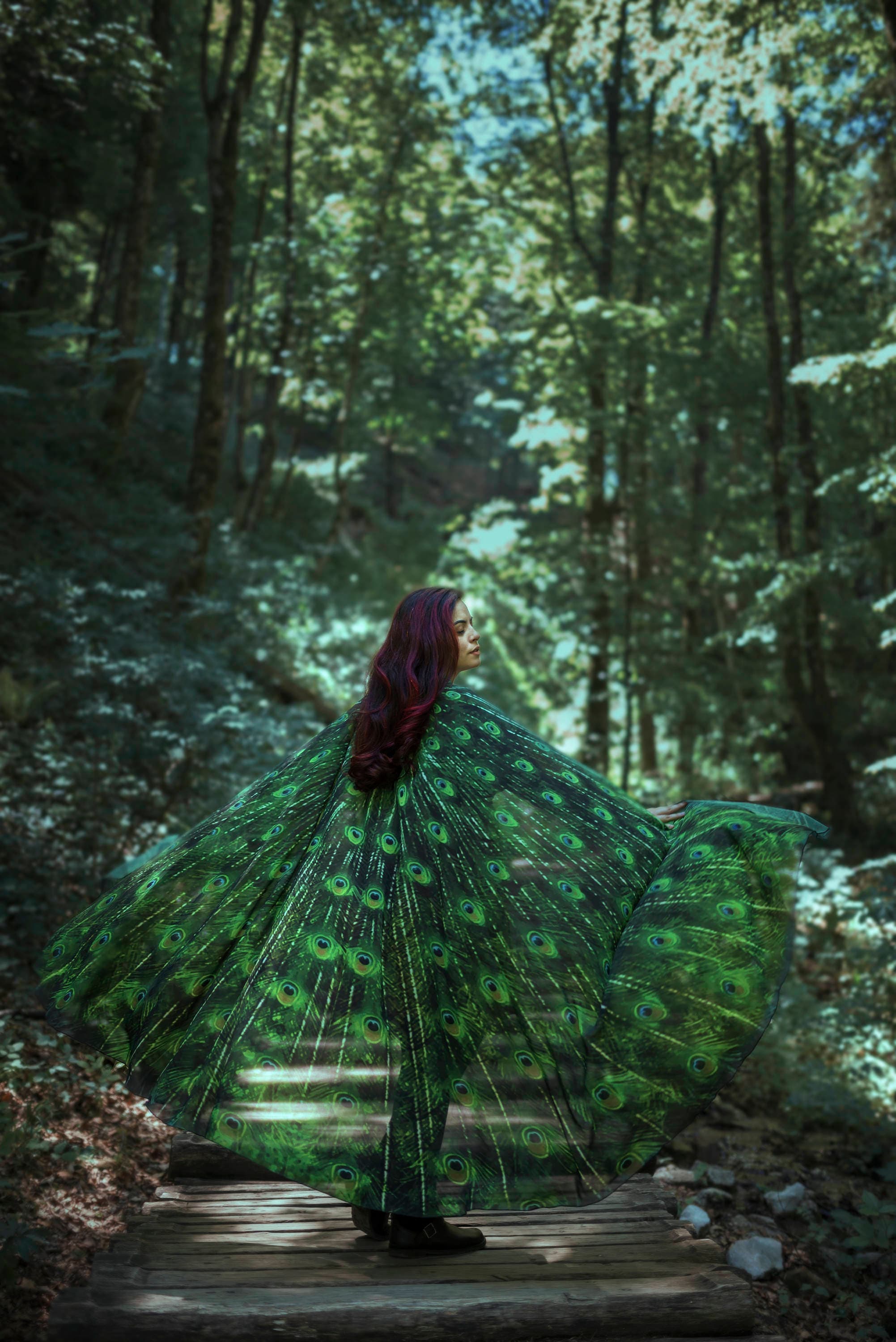 Cape peacock scarf Bohemian clothing cloak feathers print green sarong bird Festival Clothing - Image 3