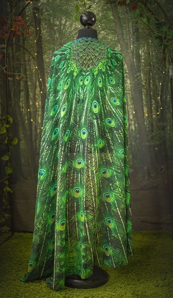 Cape peacock scarf Bohemian clothing cloak feathers print green sarong bird Festival Clothing - Thumbnail 9