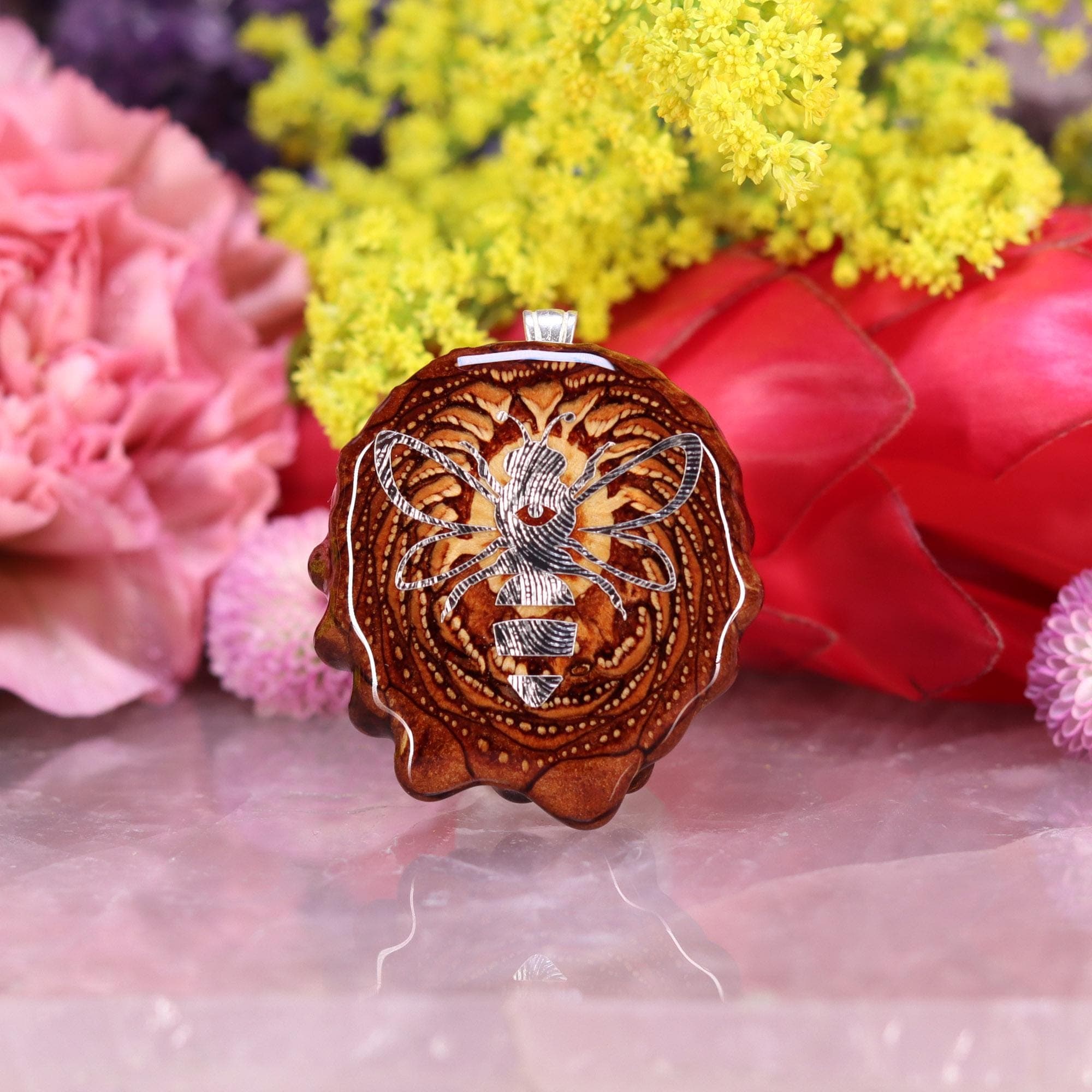 Natural with Silver Bee (Small) Third Eye Pinecone Pendant - Image 1