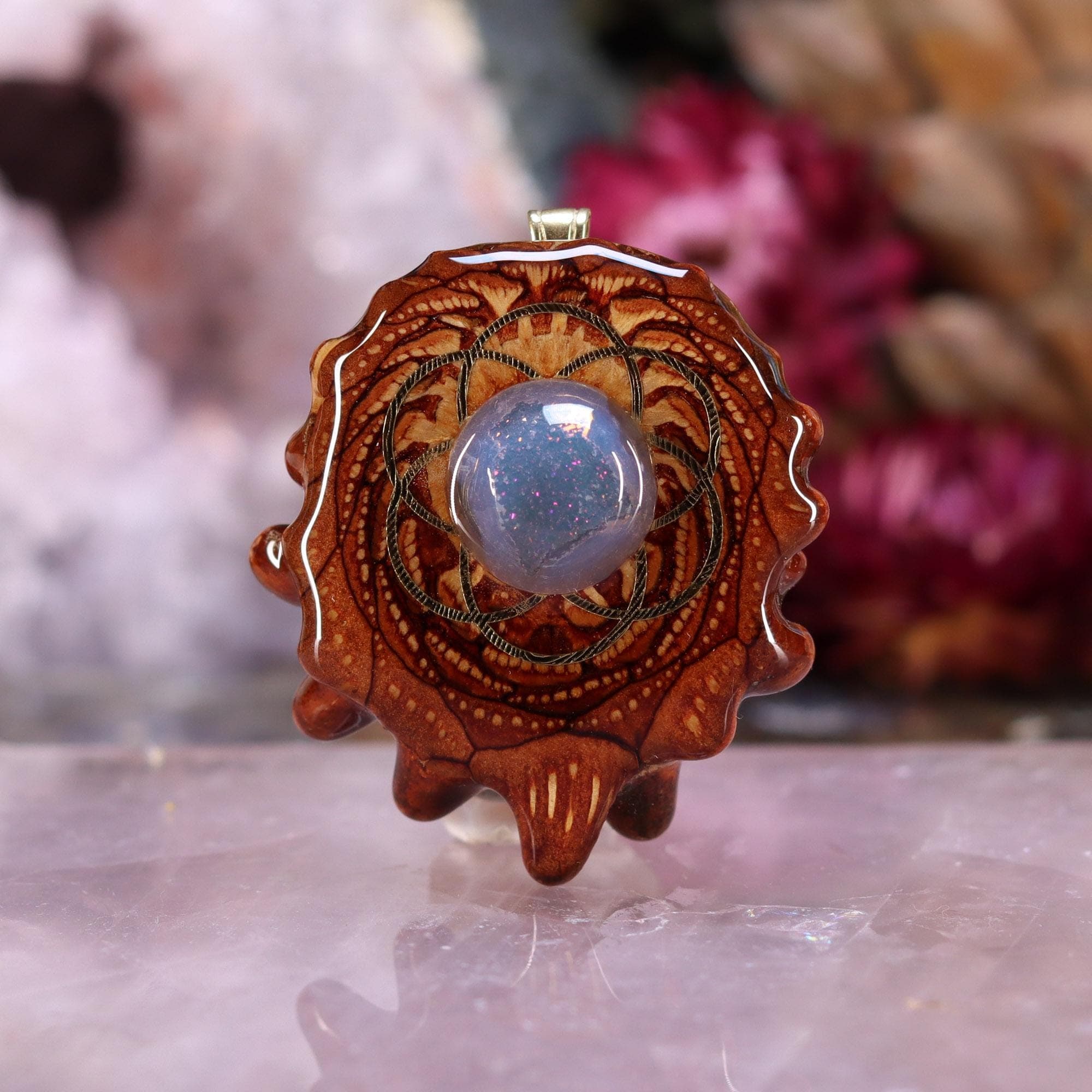 Pinecone Pendant with Druzy Quartz and Gold Seed of Life (Medium) by Third Eye Pinecones