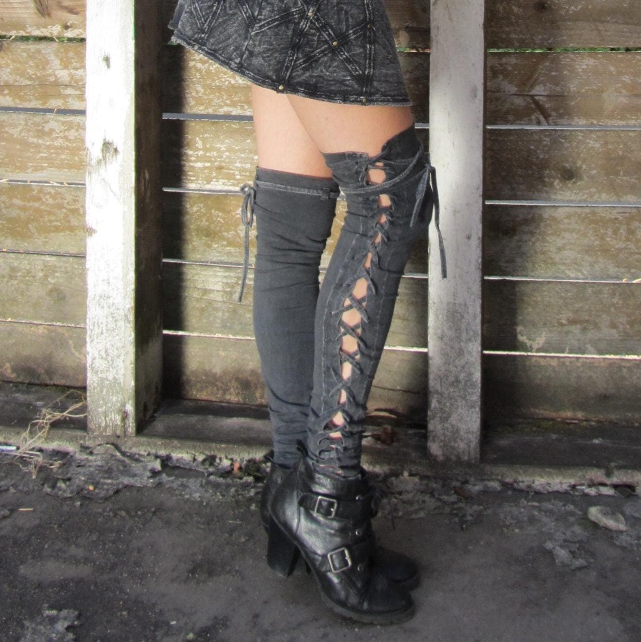 Leg Warmers, Steampunk leggings, Viking thigh highs, post apocalyptic Burning Man clothing, stretchy cotton yoga dance legwarmers, Wasteland - Thumbnail 5