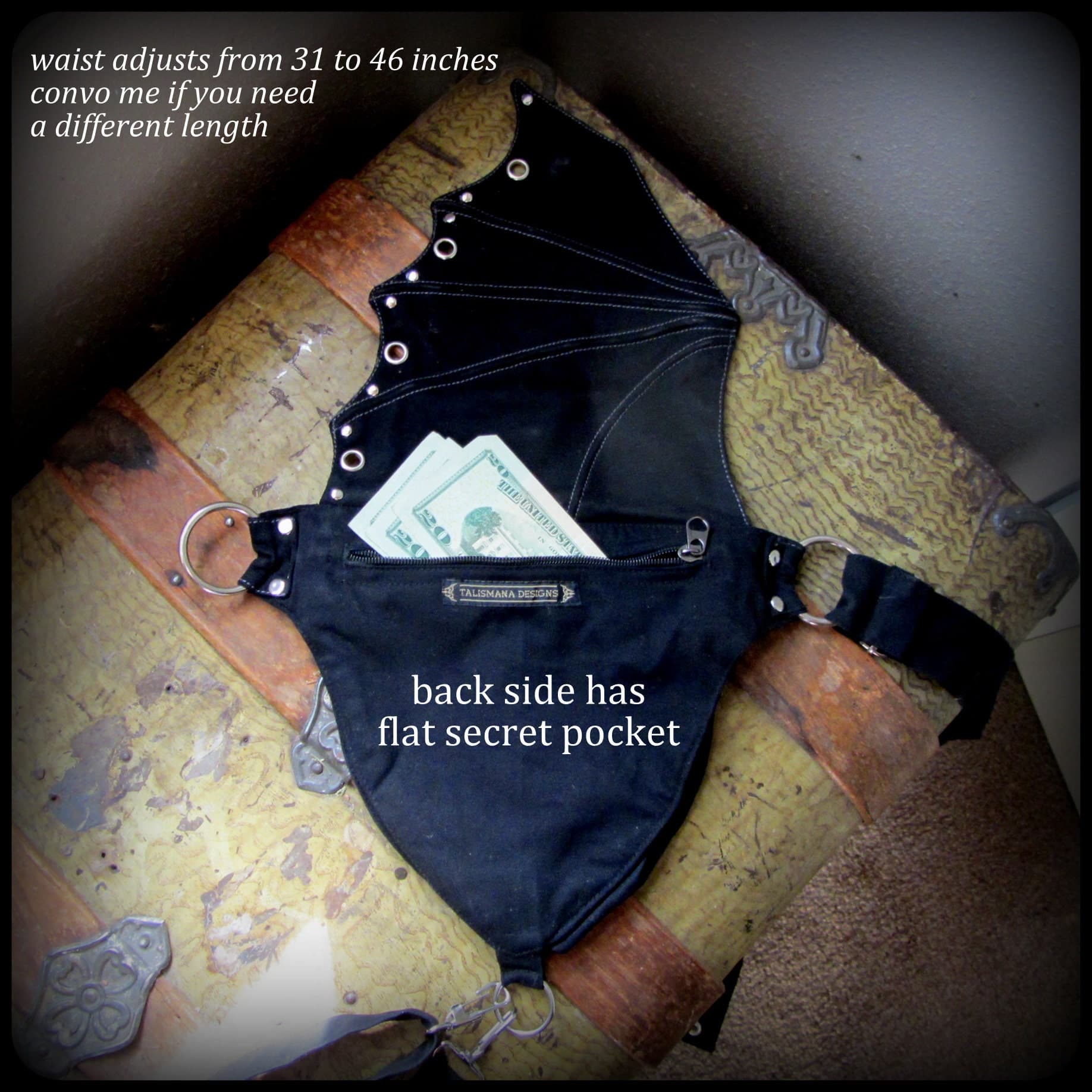 Pocket Belt Bag w/ leg strap, Bat wing utility belt, Vampire cosplay belt, larp, Witchy black vegan hip belt leg bag, thigh bag - Thumbnail 7