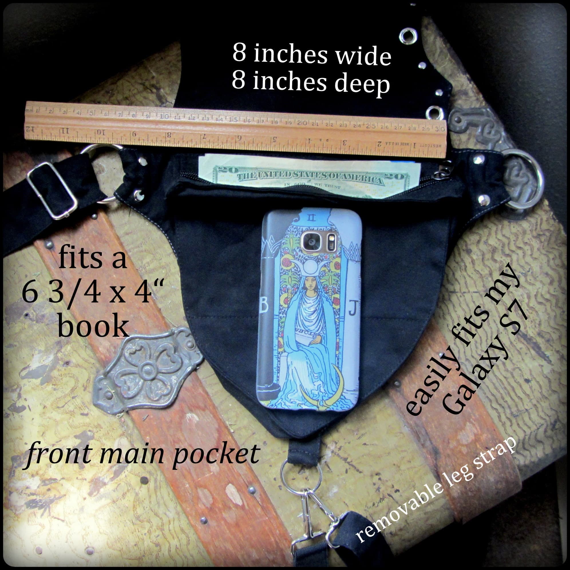 Pocket Belt Bag w/ leg strap, Bat wing utility belt, Vampire cosplay belt, larp, Witchy black vegan hip belt leg bag, thigh bag - Thumbnail 6