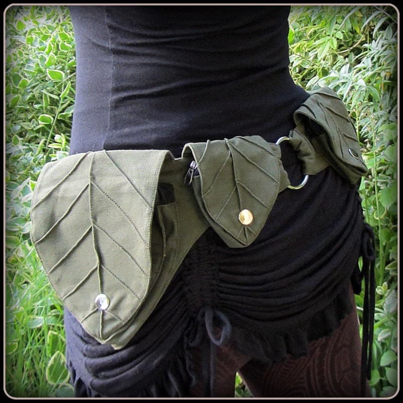 Leaf Utility Pocket belt ~ Festival Belt Forest Fantasy Fairy ~ Woodland Cottagecore Cosplay LARP ~ Green Brown Black Canvas ~ Small to XLc - Image 1