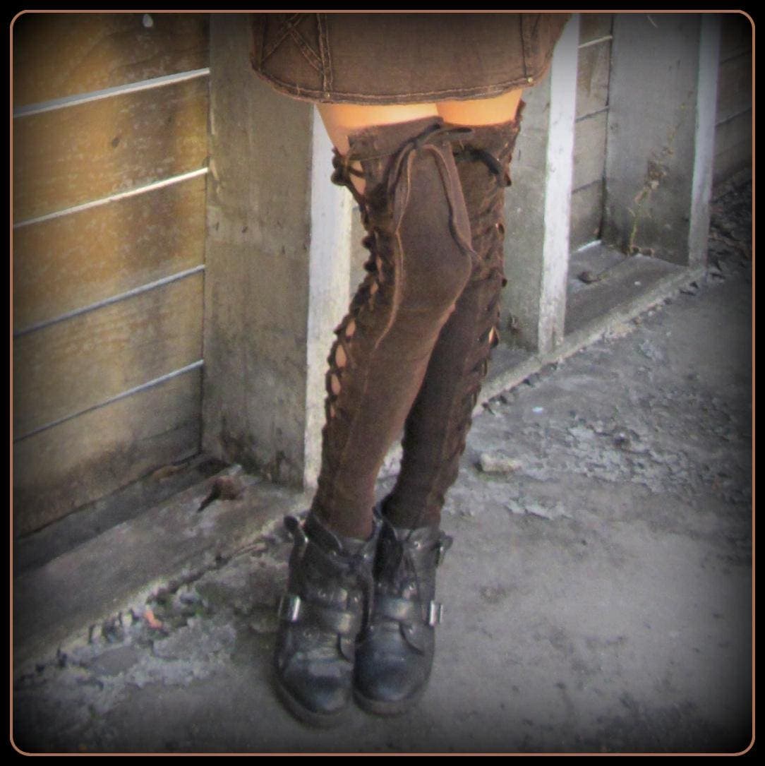 Leg Warmers, Steampunk leggings, Viking thigh highs, post apocalyptic Burning Man clothing, stretchy cotton yoga dance legwarmers, Wasteland - Thumbnail 7