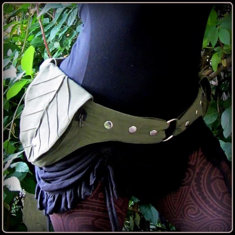 Leaf Utility Pocket belt ~ Festival Belt Forest Fantasy Fairy ~ Woodland Cottagecore Cosplay LARP ~ Green Brown Black Canvas ~ Small to XLc - Thumbnail 5